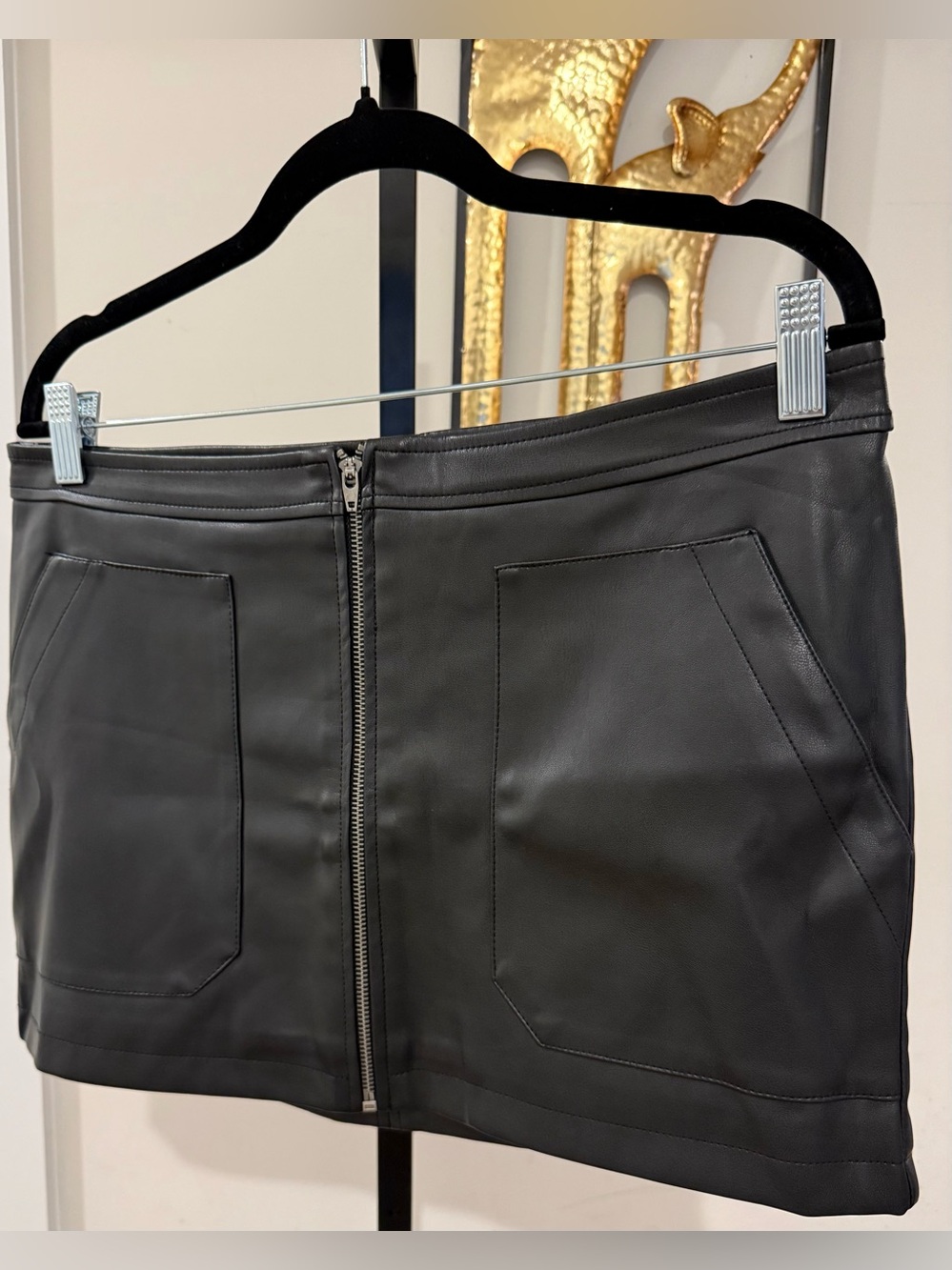 Free People Black Faux Leather Front-Zip Mini Skirt